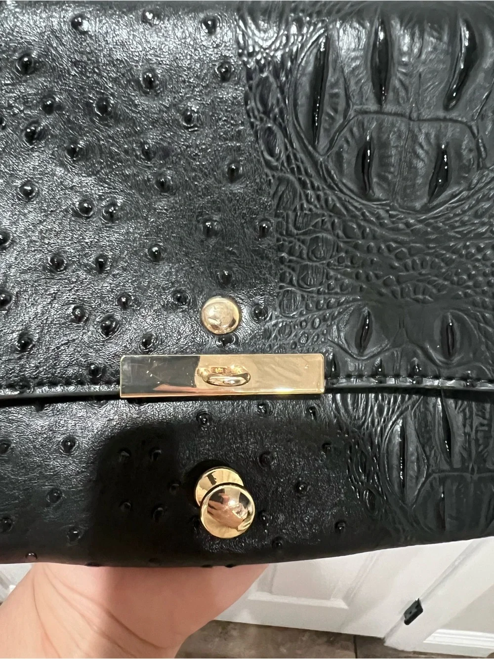 Black Faux Ostrich Leather Crossbody Clutch - Gold Hardware‎